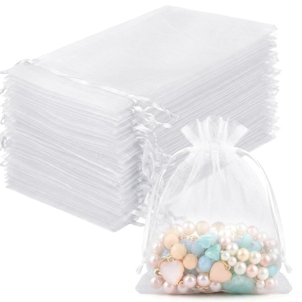 100 Pcs White Organza Bags 3x4 in, Small Mesh Drawstring Gift Bags for